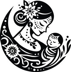 Black and White Illustration of Mexican Mother and Baby Celebrating Dia De Los Muertos