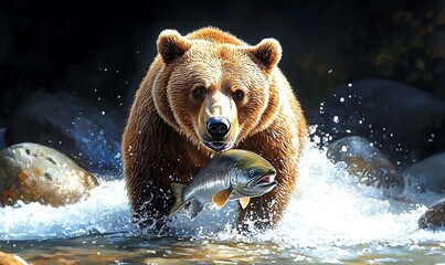 Grizzly Bear Snatching Salmon, A powerful grizzly bear lunges into a rushing river, capturing a salmon mid-leap with raw strength and agility.