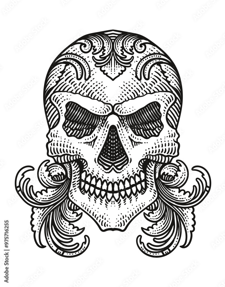 Wall mural illustration skull head with vintage engraving ornament