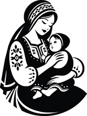 Black and White Illustration of Romanian Mother and Baby in Folk Costume at Easter Celebration