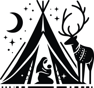 Black and White Illustration of Loving Sami Mother With Baby in Lavvu Tent and Reindeer