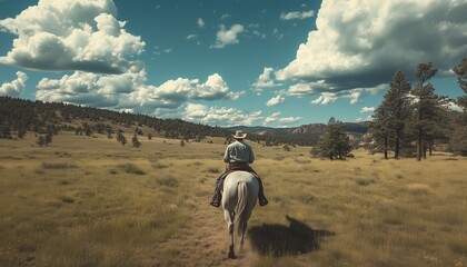 Obraz premium A lone cowboy rides a white horse through a vast, scenic landscape under a sky filled with clouds.