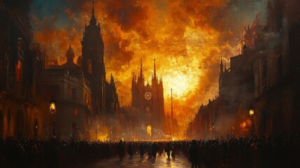 Large crowd stands gathered before a grand, burning gothic cathedral, flames and smoke illuminating the dark, historic surroundings