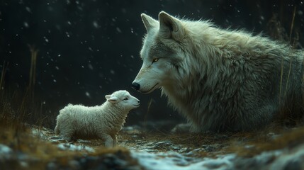 Large, fluffy wolf warmly gazes at a small lamb in a snowy, forested setting, creating a peaceful scene