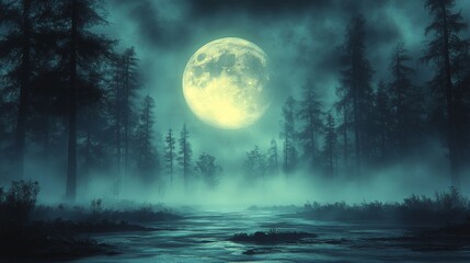 Large, glowing full moon illuminates a misty forest with tall trees and a reflective, serene body of water below