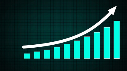 Abstract business growth graph with blue bars and white arrow going up isolated on grid blue background. Business concept