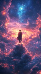 Obraz premium Lone figure stands on a cloud, gazing towards a vibrant, colorful, and otherworldly sky filled with cosmic wonders