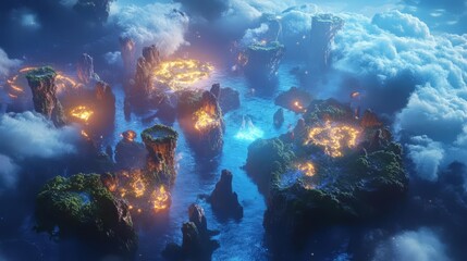 A stunning fantasy landscape with floating islands illuminated by glowing lights, surrounded by clouds in a mystical, dreamlike atmosphere.