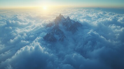 Majestic mountain peak emerges through dense, fluffy clouds with the sun casting a warm glow over the expansive sky