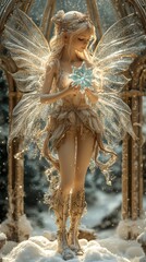 Magical fairy with shimmering wings, holding a glowing snowflake, stands in a snowy, enchanted forest under golden arches