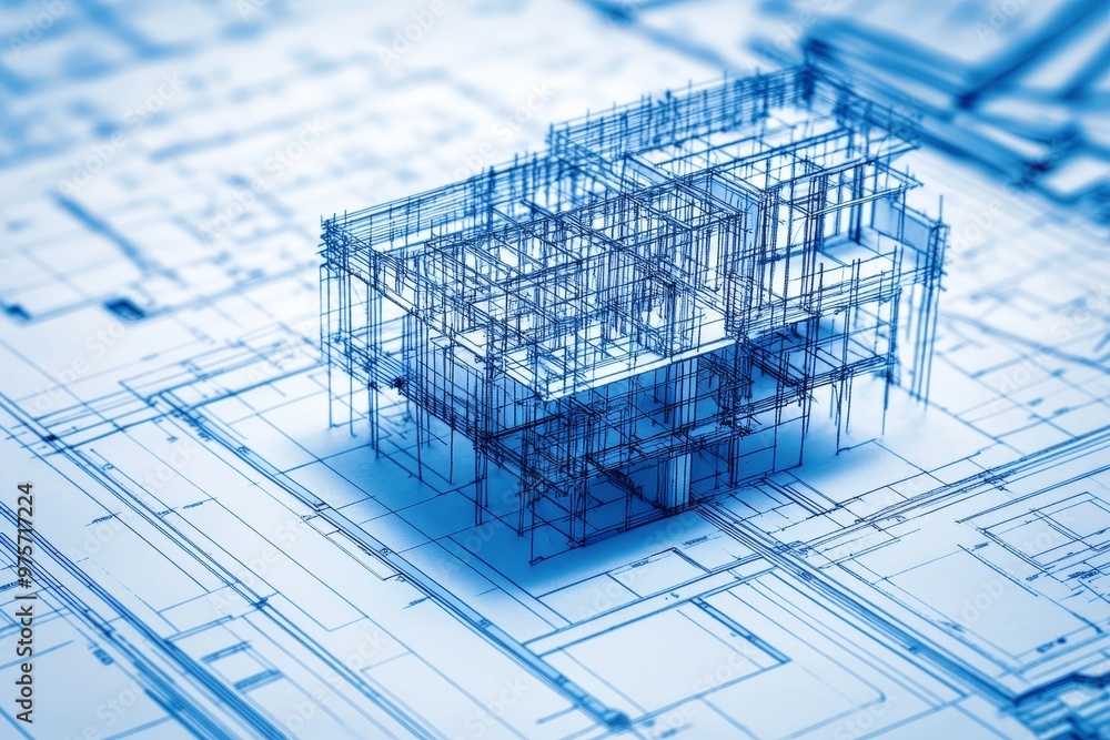 Poster blueprint of a construction project featuring 3d digital architectural design elements