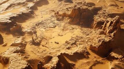 Fototapeta premium Aerial view of rugged desert landscape with rocky formations and sandy terrain under sunlight, casting deep shadows within the arid environment.