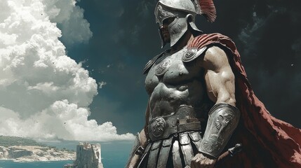Muscular warrior wearing ancient armor and a helmet stands on a cliff with a dramatic sky and sea in background