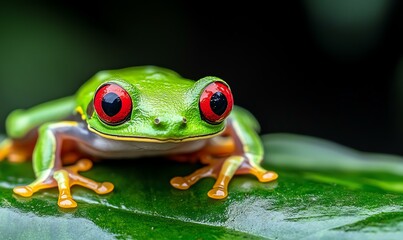 Fototapeta premium Vibrant Red-Eyed Tree Frog on Lush Tropical Leaf, showcasing striking colors and intricate details of its natural habitat.