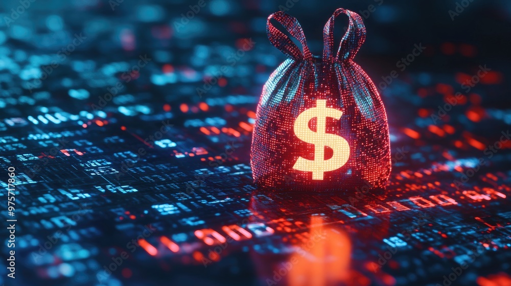 Poster a digital currency bag with a glowing dollar sign against a background of binary code, symbolizing a