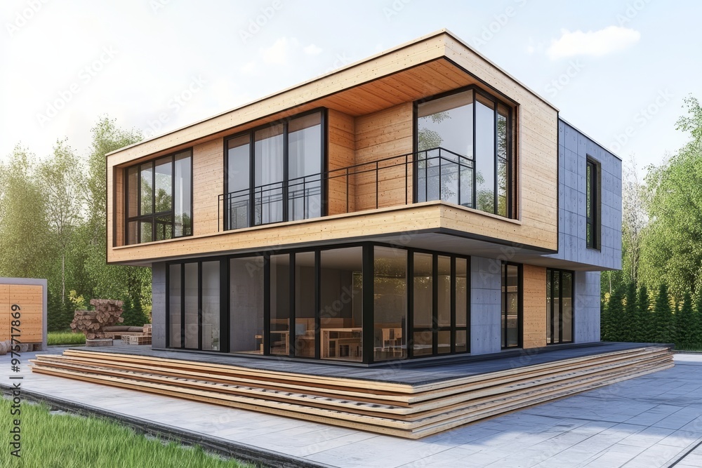 Poster 3d illustration of modern modular house construction using composite sip panels in progress