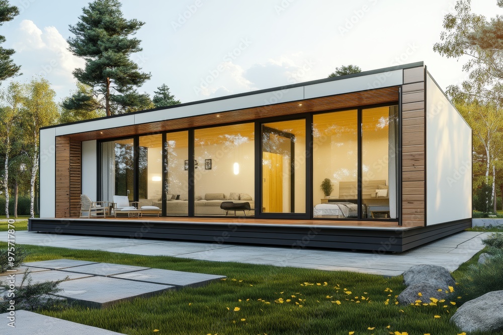 Poster 3d illustration of modern modular house construction using composite sip panels in progress