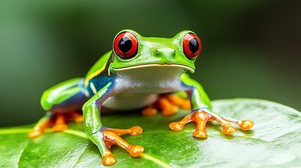 Vibrant Red-Eyed Tree Frog Resting on Lush Tropical Leaf, Showcasing Striking Colors and Intricate Patterns in a Natural Habitat