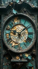 Old, broken clock with shattered glass and Roman numerals, surrounded by debris and decay