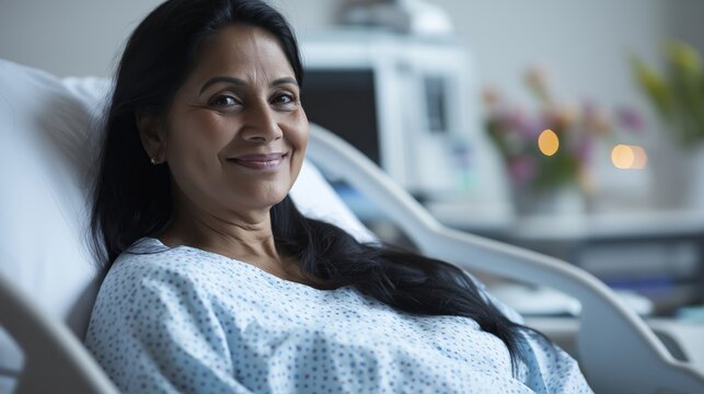Relaxed Middleaged Indian Woman in Hospital Bed Smiling, Gauze Dress, Medical Equipment, Hospital Room Decor