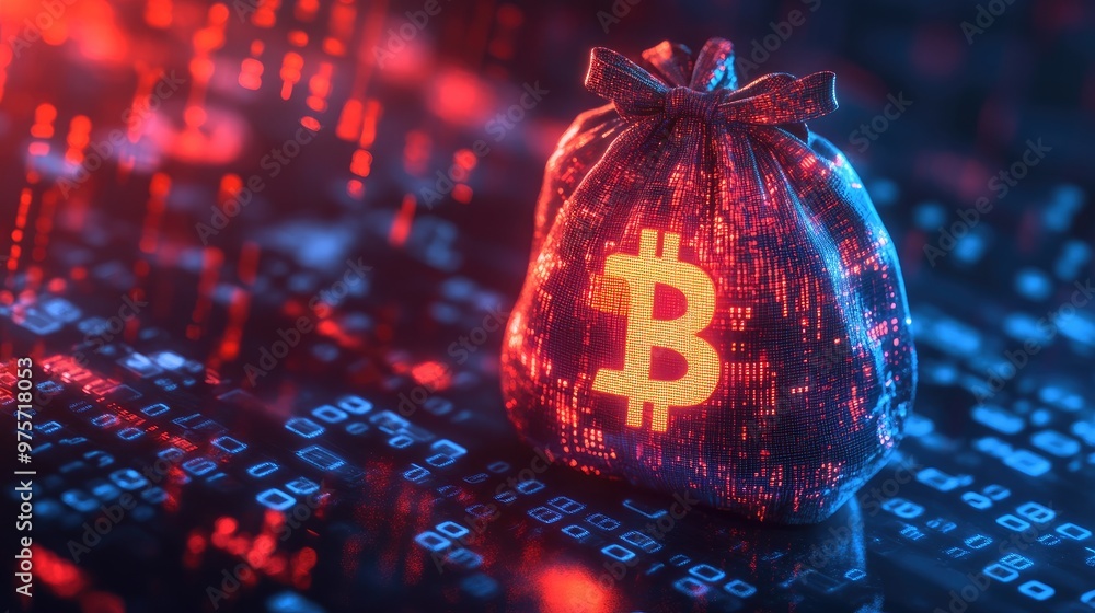 Poster a digital currency bag with a glowing dollar sign against a background of binary code, symbolizing a