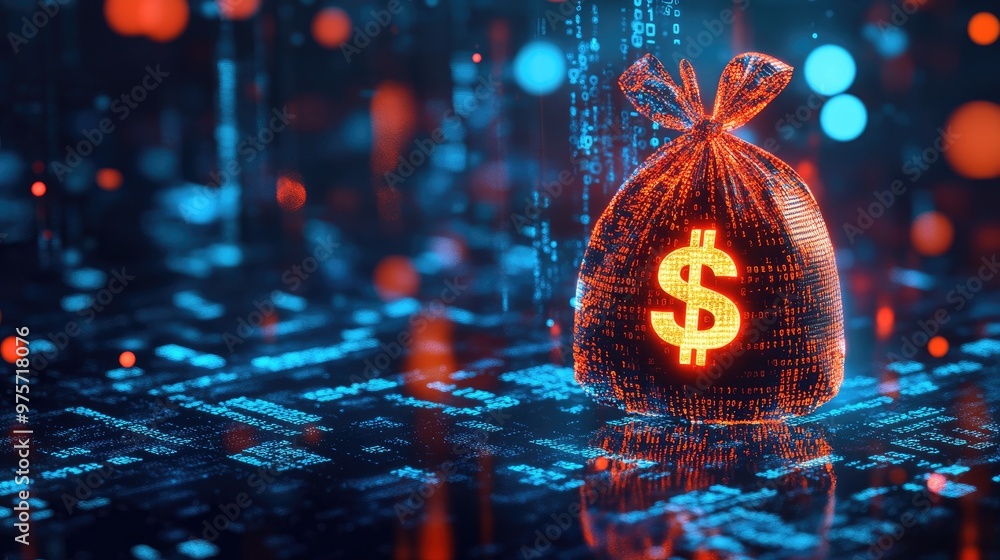 Poster a digital currency bag with a glowing dollar sign against a background of binary code, symbolizing a