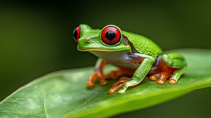 Naklejka premium Vibrant Red-eyed Tree Frog on Lush Tropical Leaf, showcasing striking colors and intricate details of its habitat.