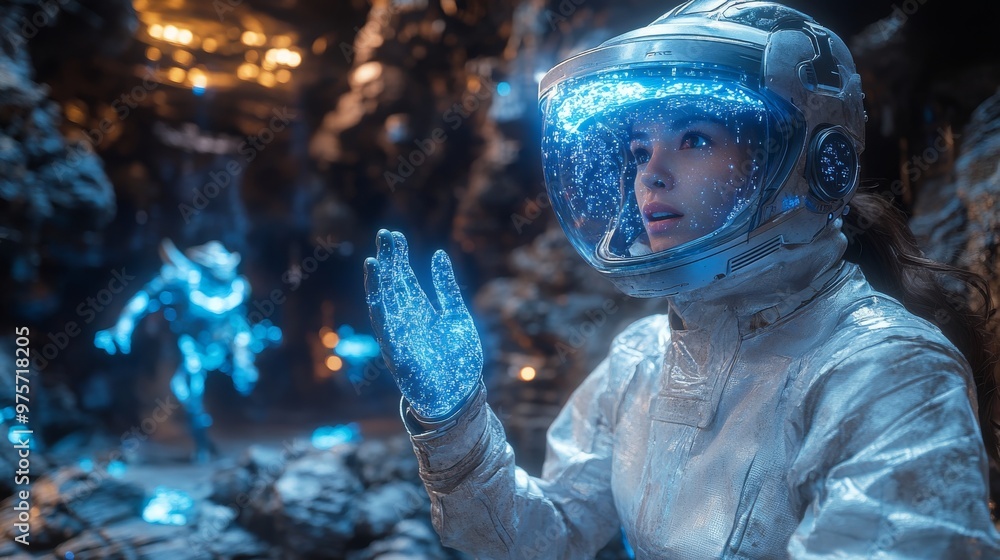Poster person in a glowing spacesuit and helmet in a dark, rocky environment with another figure in the bac