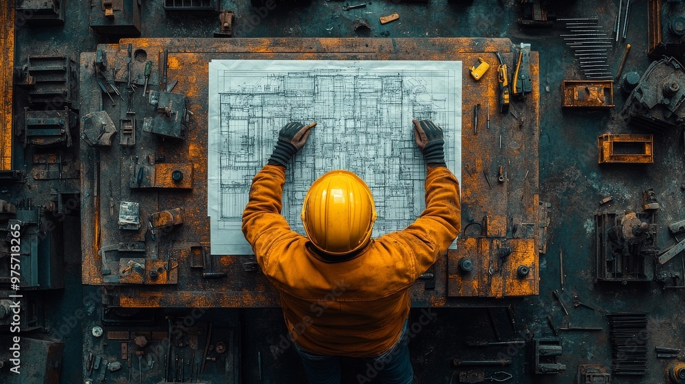 Poster person in a yellow hard hat is studying architectural blueprints on a workbench surrounded by variou