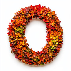 Alphabet letter O made of fall leaves, flowers. berries. Vibrant autumn colours. White clean background. Generative AI