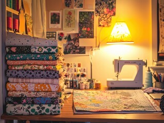 A cozy sewing nook featuring colorful fabric stacks and a vintage sewing machine by warm light