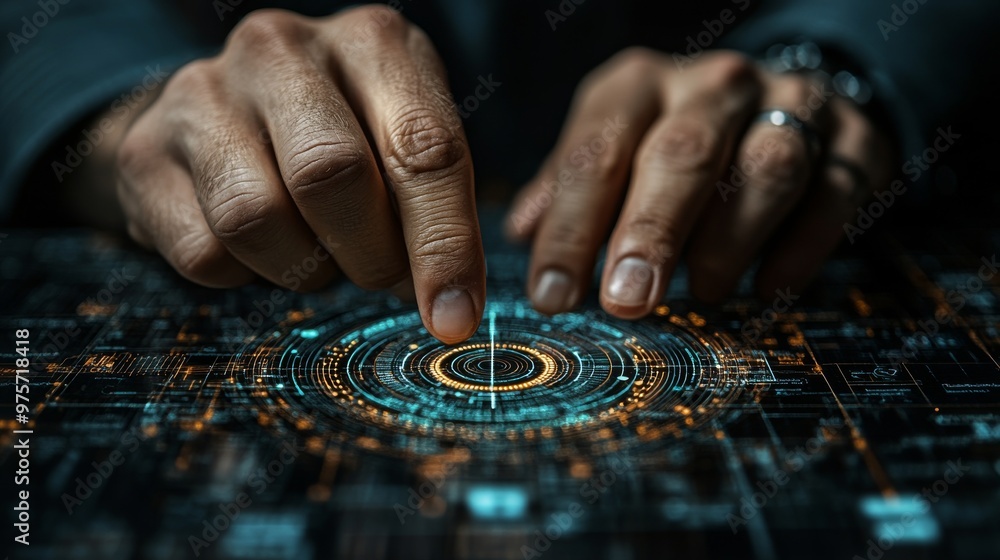 Poster person interacts with a futuristic digital interface, touching holographic elements and examining in