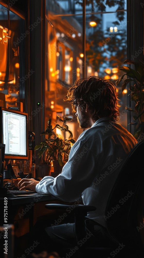Poster person is working on a computer in a dimly lit room with plants and a large window showing the outsi