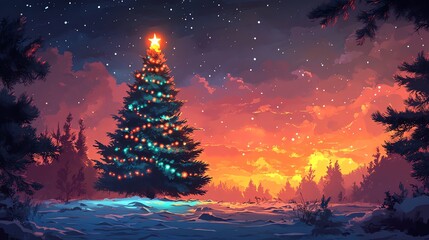 Fototapeta premium A single decorated Christmas tree stands tall in a snowy forest, illuminated by the warm glow of a star on top and the vibrant hues of a sunset in the background.