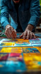 Obraz premium Person is meticulously examining and making adjustments to colorful, detailed paper designs spread out on a table