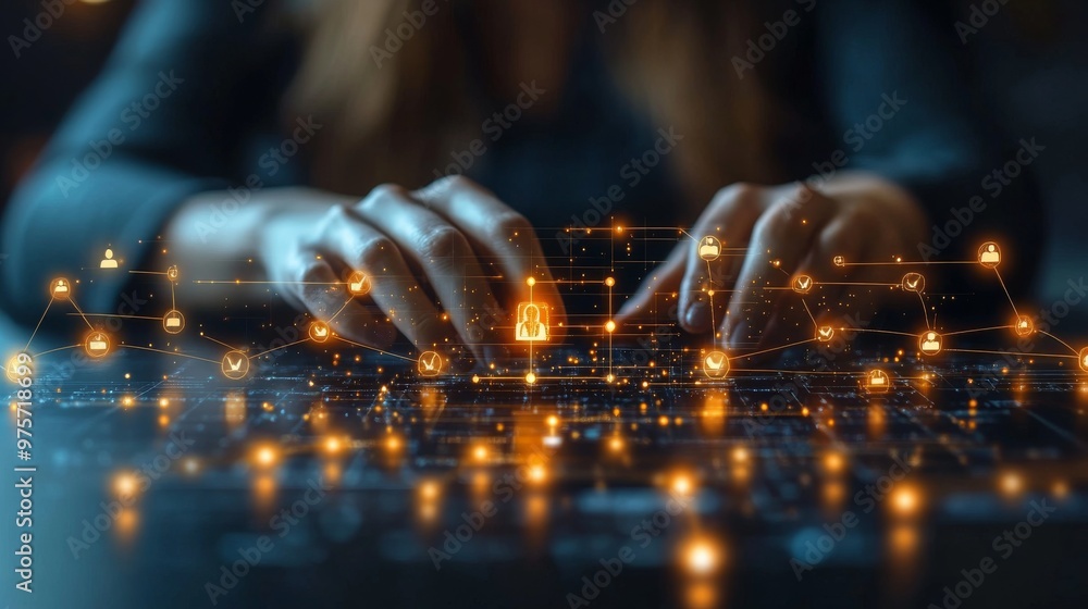 Aufkleber person typing on a keyboard surrounded by a digital network with glowing icons and connections