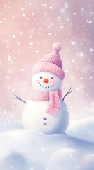 Fototapeta premium Cute snowman with pink hat and scarf in a snowy winter wonderland, perfect for festive holiday or Christmas themes.