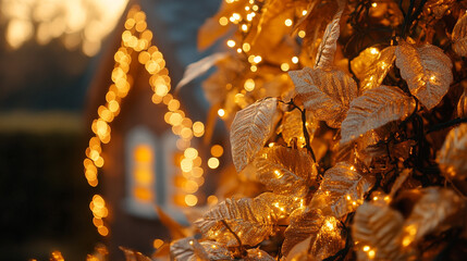 Golden leaves adorned with lights illuminate a cozy house during a warm evening in autumn
