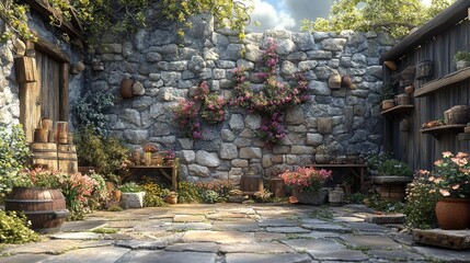 Picturesque courtyard features stone walls, blooming flowers, wooden benches, potted plants, barrels, and hanging pots, creating a serene atmosphere