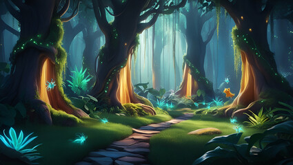 Mystical Forest with Glowing Trees and Bioluminescent Creatures