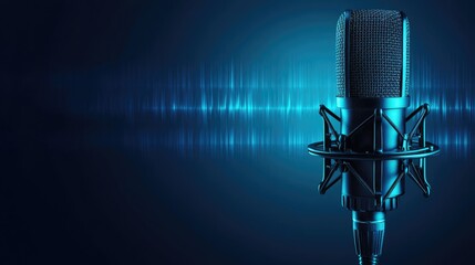 Professional condenser microphone on a blue background with sound waves behind it.