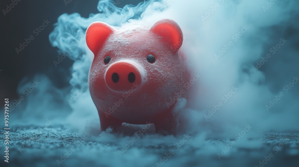 Fototapete red piggy bank covered in frost stands on a snowy surface surrounded by swirling mist or smoke, crea