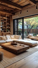 Room features a cozy living area with wooden furniture, neutral-toned decor, bookshelves, and large windows overlooking a lush garden