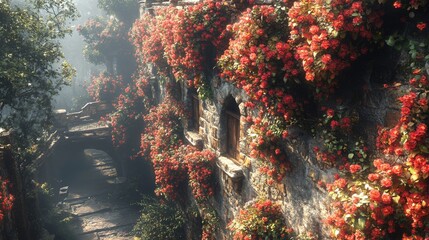 Rustic stone building is adorned with vibrant red flowers, creating a picturesque scene along a narrow, cobblestone path