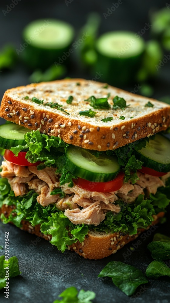 Wall mural Sandwich with multigrain bread, lettuce, tomatoes, cucumbers, and a generous layer of shredded meat or chicken