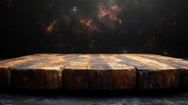 Rustic wooden table with a backdrop of a dark, starry night sky with visible galaxies and stars