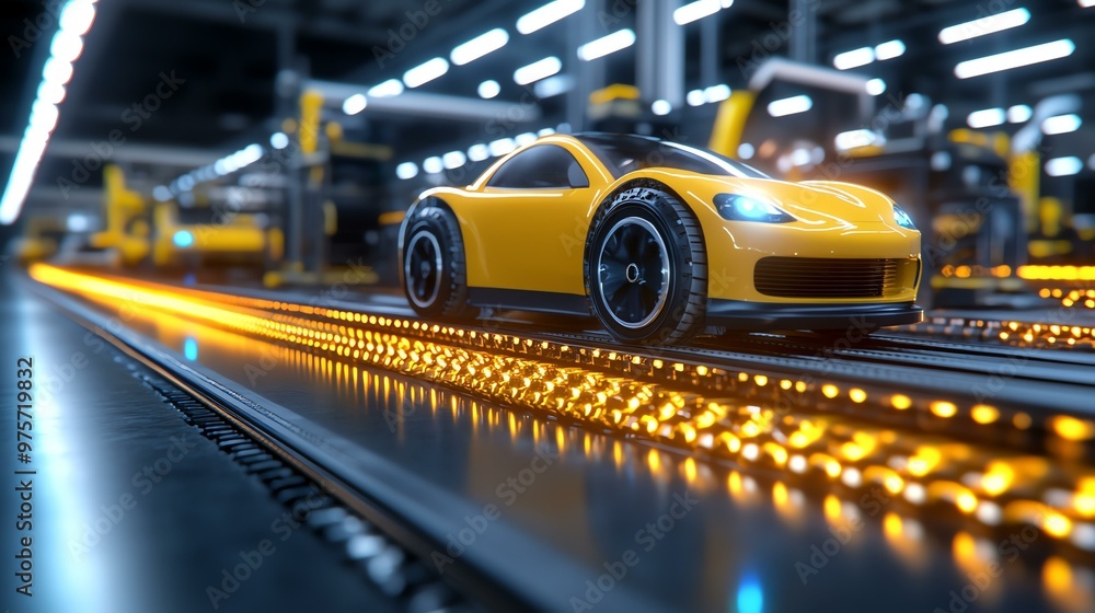 Poster robotic assembly line in high-tech factory, showcasing advanced automation and precision engineering