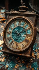 Obraz premium Shattered antique clock with Roman numerals, surrounded by broken glass pieces, lies on a surface, possibly suggesting abandonment or decay
