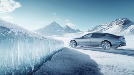 Silver car driving through ice wall on a road with snowy mountains and clear blue sky behind