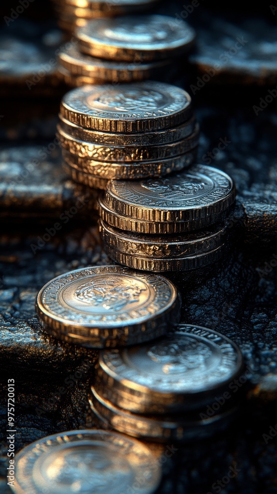 Poster shows several stacks of coins arranged on a textured surface, with some coins lying scattered around